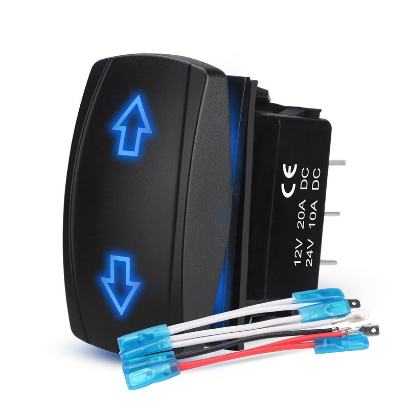 Weasch Up Down Carling Motor Polarity Reverse Momentary Rocker Switch, (ON) Off (ON) DPDT 7 Pin, 20A 12V 10A 24V, with Jumper Wires for Car Boat Truck Trailer, Blue - Image 1